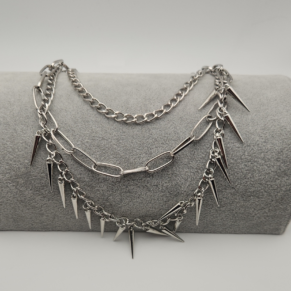 Silver Stainless Steel Layered Spike Chain Necklace – Waterproof & Tarnish Proof - Picture 3 of 4